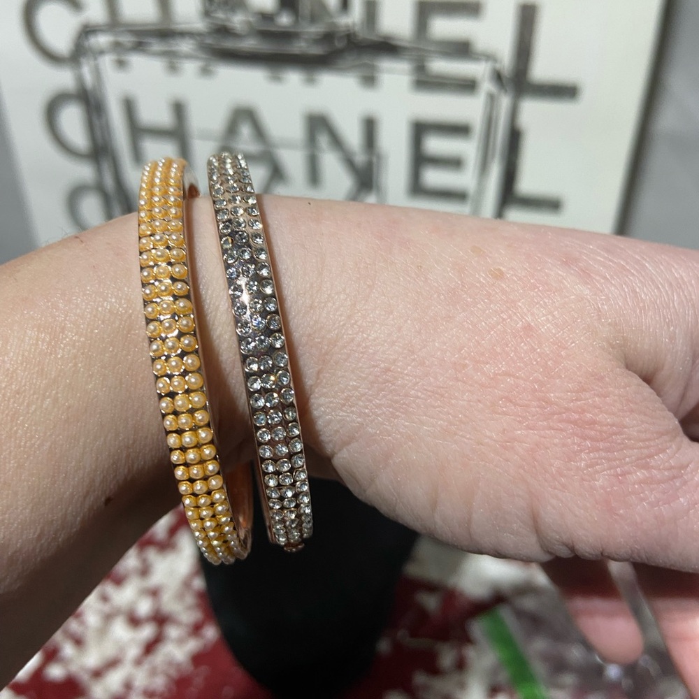Set of Two Hinged Bangles. Rose and Yellow Gold Tone.